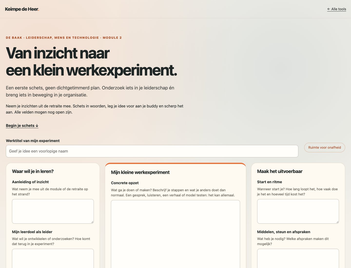 Het werkexperimentcanvas met leerdoel, centrale opzet en buddyfeedback
